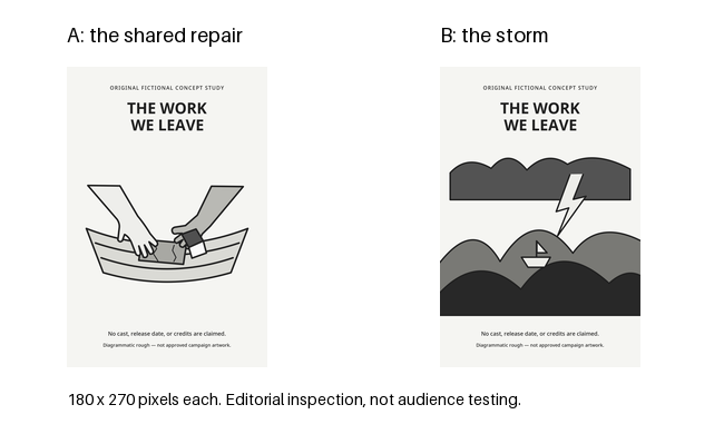 Two schematic poster studies at 180 by 270 pixels each. A shows opposing hands around a repair in a hull. B shows a tiny sailboat below lightning and large waves. Both carry the fictional title The Work We Leave.