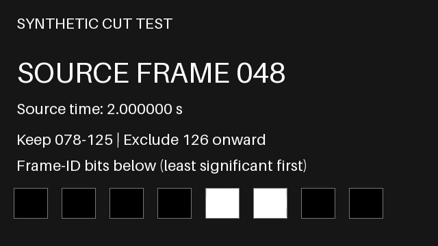 First decoded picture of the stream-copy result: source frame 048 at source time 2.000000 seconds, earlier than the requested frame 078.